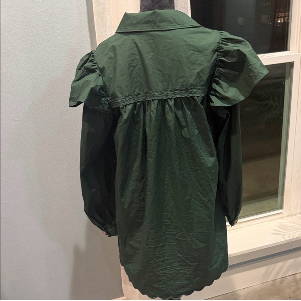 FARM Rio Deep Green Long Puffer Sleeve Wood Button Down Flowy Embroidered Dress - Picture 9 of 12